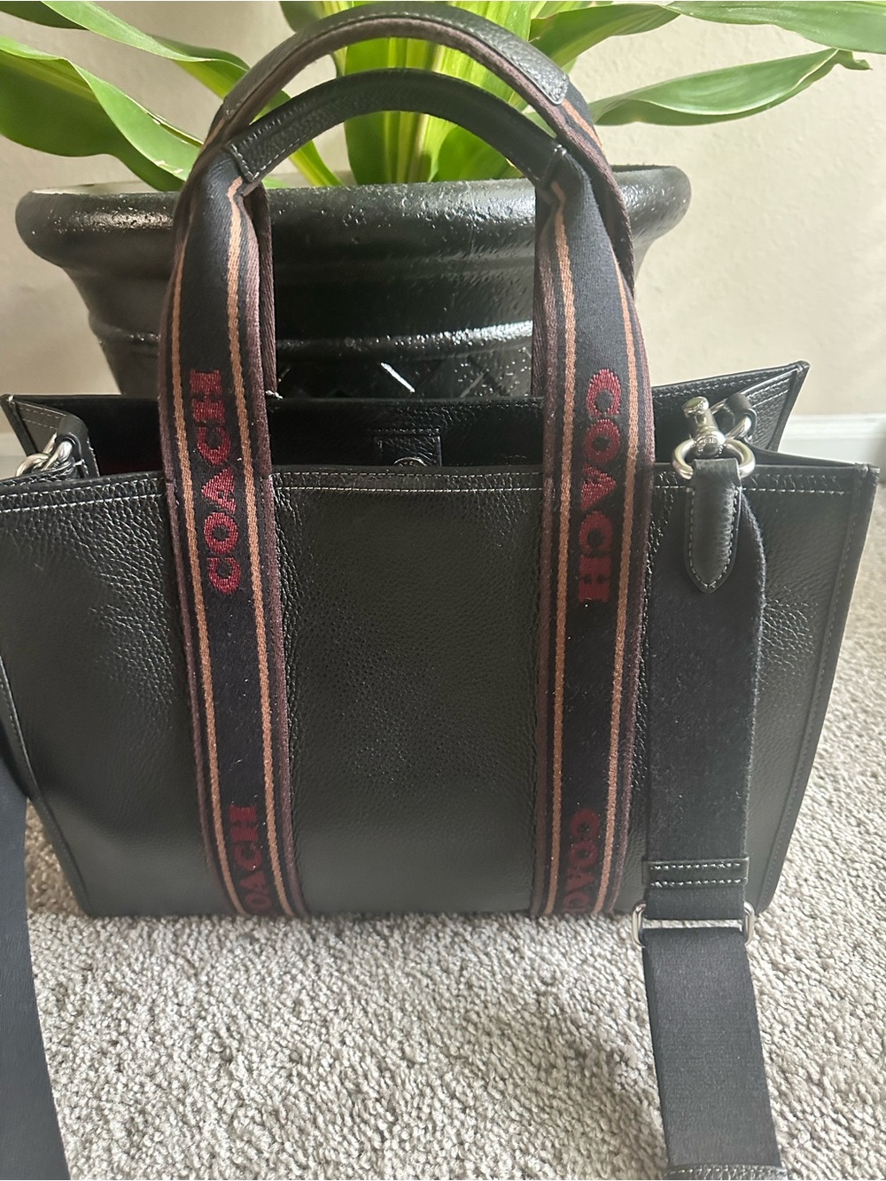 Coach Black Leather Briefcase Tote with Brown and Red Branded Web Straps